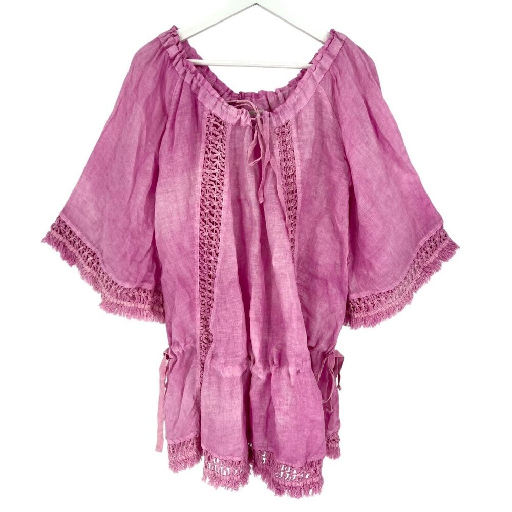 Sunday Made In France Tunic Topβ Coverup Pink Tie Dye 3/4 Bell Sleeve Linen OS
